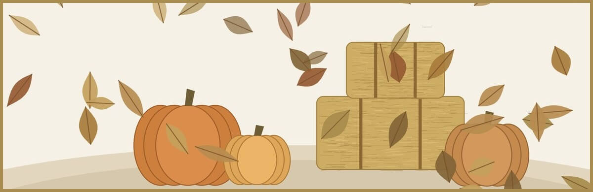 Autumn leaves, pumpkins and hay bales